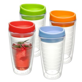 Lily's Home Set of 4 Double Wall 16oz Iced Coffee Cups with Lids - Reusable Insulated Plastic Tumblers - Multi-Color Lid - BPA Free, Handwash Only - Perfect for Cold Drinks, Indoor/Outdoor Use