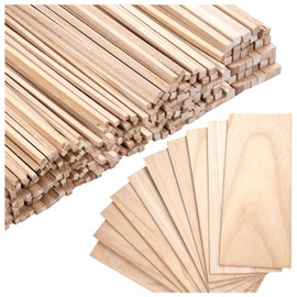 180Pcs Balsa Wood Sticks, Hardwood Square Dowels 1/8, 4/25, 3/16, 1/4 x 10 Inch, Thin Unfinished Balsa Wood Sheets 4 x 10 Inch, Unfinished Wooden Strips for DIY Molding Crafts Projects Making
