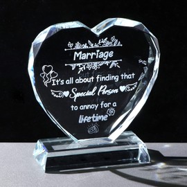 Marriage Glass Plaque Wedding Gifts for Brides and Groom, Heart Shaped Decorative Ornament for Home Wedding Parties Sign, Funny Anniversary Presents for Couple Married Gifts