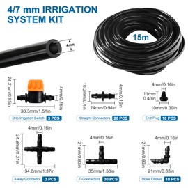 VooGenzek 77 Pieces 4/7 mm Irrigation Kit, 15 m Irrigation Hose, DIY Garden Irrigation System, with Passage Connector, T Connector, Hose End Plugs, for Patio