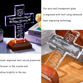 70th Birthday Cross Gifts for Women Men, Standing Glass Religious Cross with LED Wooden Base for 70 Year Old, Birthday Religious Presents for Mom Dad, 70th Fabulous Birthday Gifts Keepsake Home Decor