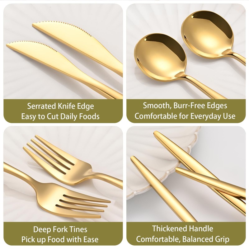 ERVILO 60-Piece Gold Silverware Set for 20, Food Grade Stainless