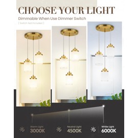 TENGXIN Pendant Lights,3-Light Brushed Gold Pendant Light for Kitchen Island,Hanging Lamp Ceiling Light Fixture,Glass Pendant Light for Bedroom, Farmhouse Pendant Light for Dining Room Bedroom