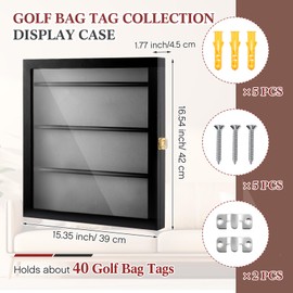 Silipull Golf Bag Tag Collection Display Case Holds 40 Bag Tags 16.54 x 15.35 x 1.77 Inch Wall Mount Wooden Shadow Box W/98% UV Acrylic Door Lockable Storage Display Box for Collection(Black, Grey)