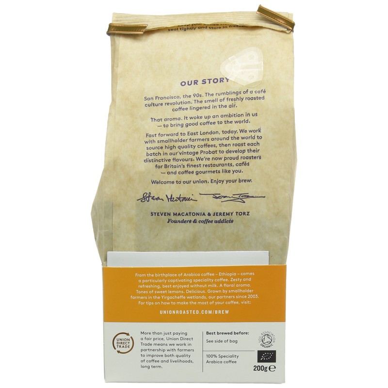 Union Organic Hand Roasted Yirgacheffe Ethiopia Ground Coffee, 200g