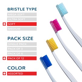 TELLO 4920 Adult Soft Toothbrush for Gentle Cleaning with Ergonomic Handle, Made in Switzerland, Colors Vary, 12-Pack