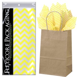 Flexicore Packaging Natural Brown Kraft Paper Gift Bags & Yellow Gift Wrap Tissue Paper | Size: 5.25 Inch X 3.25 Inch X 8.25 Inch | Count: 5 Bags | Color: Yellow Chevron