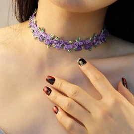 Rannyrena Bohemian Colorful Fruit Floral Choker Necklace Lace Embroidery Short Necklace Cute Flower and Leaf Y2K Collar Necklace for Women (Purple)