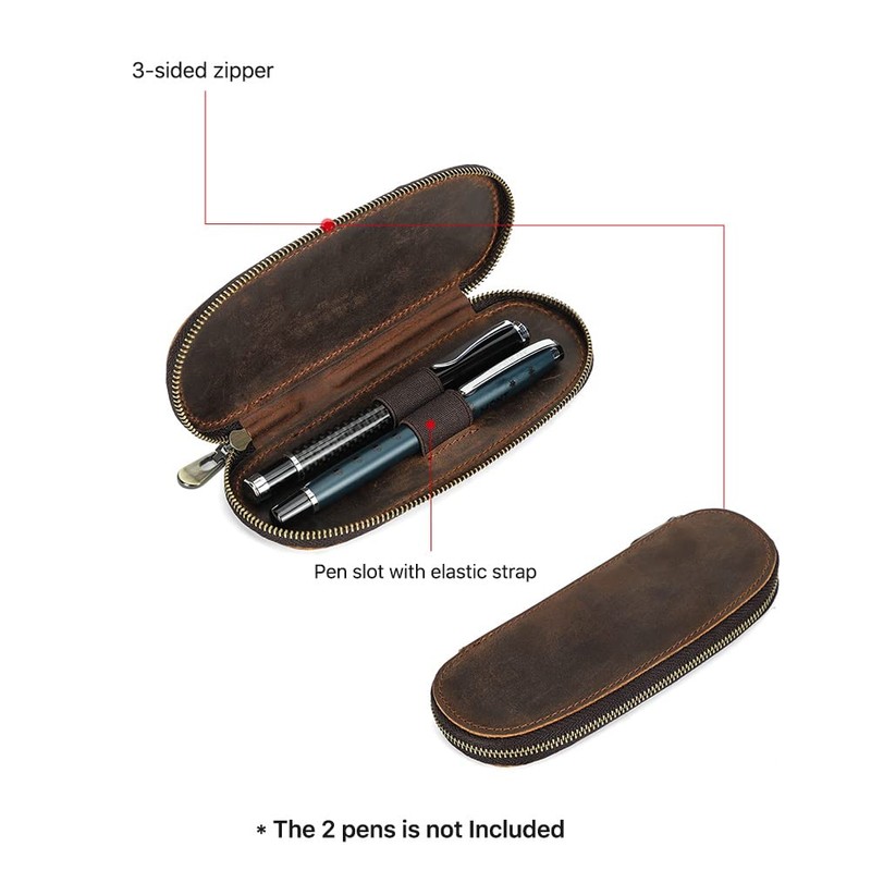 Hiram Leather Pen Case Portable Pen Box with Zipper Closure