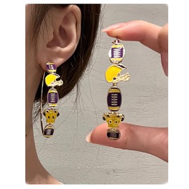 Football Earrings for Women: Game Day Hoop Earrings with Enamel Yellow Purple Football Helmet Jersey Design - Ideal for Football Moms and Sports Team Enthusiasts