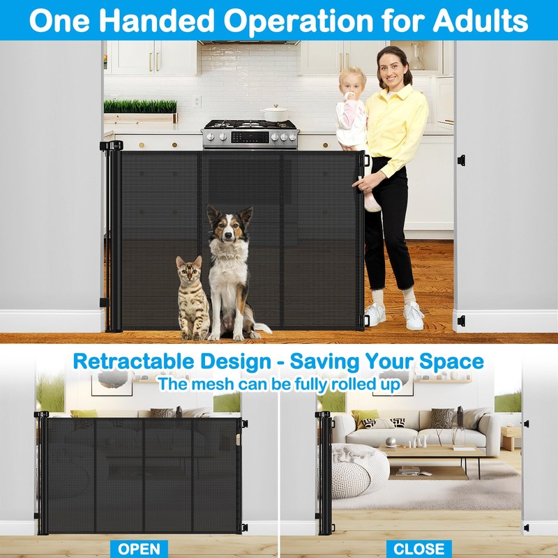 Reinforced 42 Inch Extra Tall Retractable Dog Gate with Reinforced