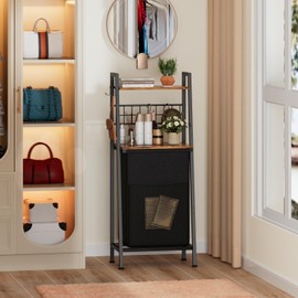 Furnulem 2 Tiers Laundry Hamper with Wooden Shelf and Hooks, Vertical Laundry Basket with Pull-Out and Removable Bag, Clothes Hamper with Divided Bag for Bathroom, Bedroom, Dorm