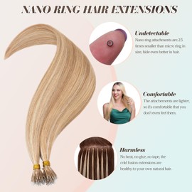 Benehair Nano Hair Extensions Real Human Hair 100% Remy Straight #12/613 Golden Brown Mix Bleach Blonde Nano Tip Extensions Soft 50 Strands 22 Inches (35g)
