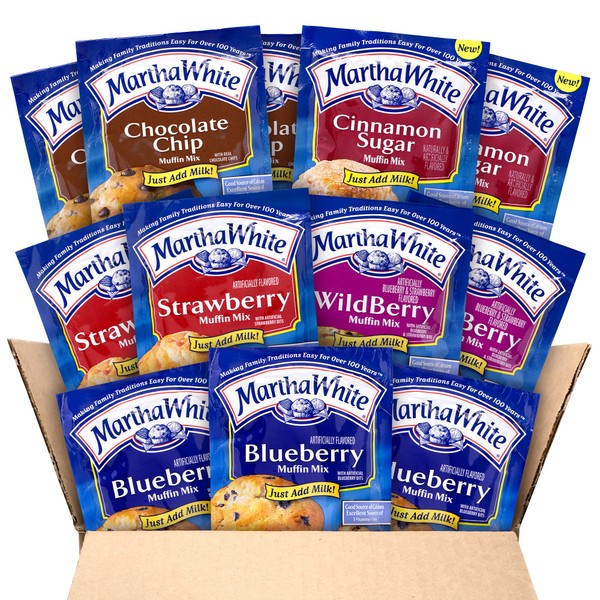 Martha White Muffin Mix Sampler Variety Pack, Pack of 12, Chocolate Chip, Blueberry, Strawberry, Cinnamon Sugar, Wildberry, Just Add Milk