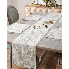 JINCHAN Floral Linen Table Runner for Kitchen Farmhouse Table Cloth with Grey Flower Print 13 x 72 Inch Beige Linen Blend Cloth for Kitchen Dining Table Indoor Outdoor Decor 1 Panel