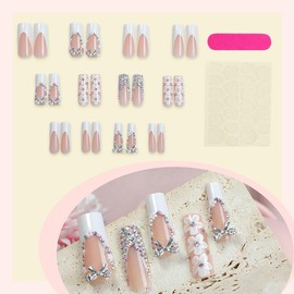 24Pcs White French Tip Press on Nails Long Square Fake Nails 3D Cute Bow Flowers with Rhinestones Glitter Design Full Cover Spring Stick on Nails Flower False Nails for Women Girls Acrylic Nails