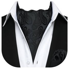 HISDERN Men's Cravats Silk Black Ascot Tie and Pocket Square Set Paisley Cravat with Handkerchief for Wedding Party Business