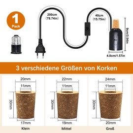 Bottle Lamp Kits, E27 Lamp Holder for Bottles, 7.87 ft Black Bottle Lamps Adapter Kit, Bottle Light for Table Lamp, 3 Cork for Various Bottles, Easy Conversion Bottle into Lamp
