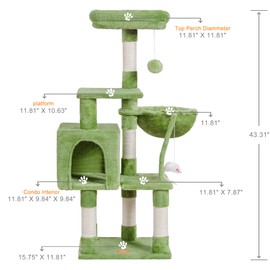 Heybly Cat Tree with Toy, Cat Tower condo for Indoor Cats, Cat House with Padded Plush Perch, Cozy Hammock and Sisal Scratching Posts, Green HCT004SGR