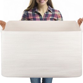 OIASKET 95L Extra Large Blanket Basket, 24" x 16.9" x 14.2" Woven Storage Basket for Living Room, Rectangle Nursery Blanket Storage for Toys, Towels, Dirty Clothes (White)