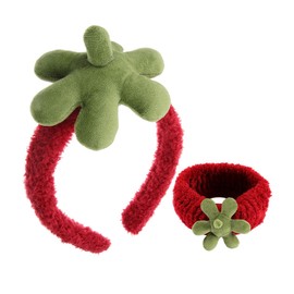 Baluue 2pcs Cute Strawberry Headbands and Wristbands Set Soft Facial Hair Band for Skincare and Makeup Wide Band for Women and Girls for Face Washing and Spa