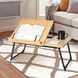 wishacc Book Stand for Reading in Bed, Bamboo Laptop Stand Adjustable Book Holder Tray with Page Paper Clips Multi Angles Adjustable Cooking Bookstands for Textbook Recipe Magazine Tablet Portable