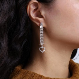 TseenYi Rhinestone Heart Tassel Earrings Silver Crystal Long Cup Earrings Full Pave Rhinestone Heart Earrings CZ Fringe Drop Earrings Wedding Party Jewellery for Women and Girls, Crystal
