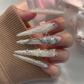 24 Pcs Press on Nails Extra Long Stiletto Fake Nails Long Tip False Nails Almond Shape Acrylic Nails Glue on Nails with 3D Swirl and Butterfly Designs Artificial Nails for Women and Girls