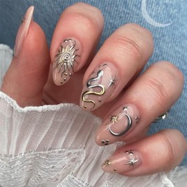 GGAUBAIFI Metal Star & Moon Press on Nails Medium Almond Fake Nails Press Ons with Designs False Nails Full Cover Stick on Nails for Women Nails Manicure Decoration 24Pcs