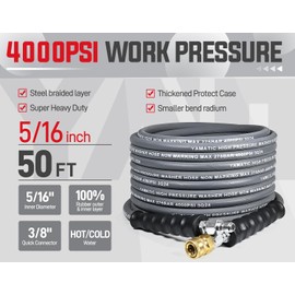YAMATIC 5/16" Pressure Washer Hose 50FT, Kink Free Replacement Hose with Swivel Quick Connect, Non Marking Hot Water Power Washer Hose Max 212°F, 4000 PSI Steel Wire Braided & Rubber Jacket