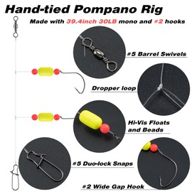 Dr.Fish 5 Pack Pompano Rigs Surf Fishing Rigs Snell Floats Fishing Beads Wide Gap Hooks Saltwater Fishing Swivels Duo Lock Snaps, Red