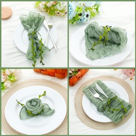HunnmingRe 80 Set Sage Green Cheesecloth Napkins with Napkins Ring 18 Gauze Sage Cloth Napkin Cotton Reusable Dinner Leaf Ribbon Rustic Linen Table for Wedding Baby Shower Event Party(Sage Green)
