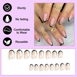 Ceboic Pack of 24 Glue-On Nails, Short, French Black Shiny False Nails, Press On Nails with Nail Glue Sticker, Almond Natural Acrylic Artificial Fingernails for Women and Girls