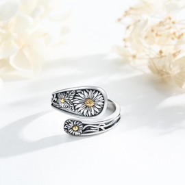 MOPOPOK Sunflower Spoon Ring 925 Sterling Silver Sunflower Ring Adjustable Thumb Ring Boho Vintage Jewelry for Women Birthday Christmas Gifts
