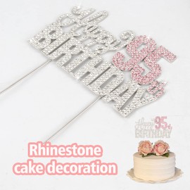 Nelbiirth Decoración para tartas con diamantes de imitación plateados y rosados de 95 años, diseño de «Cheers to 95th Birthday» de metal brillante para decoración de tartas.