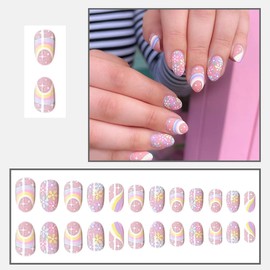24 Pcs Pink Press on Nails Short Oval Almond - SHANRUN Spring Fake Nails Press ons Nail Art Tips Full Cover False Nails with Flowers Rainbow Design Glue on Nails Stick on Nails Kit Acrylic Set
