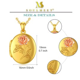 SOULMEET Medaillon-Halskette mit ovaler Rose und 18 Karat vergoldetem Silber für 2 Bilder,I Love You Forever“-Rose (nur Medaillon)