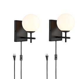 SHAWNKEY Black Globe Modern Wall Sconce 1-Light Plug in Milky Glass Bedroom Living Room Set of Two Wall Light Fixture