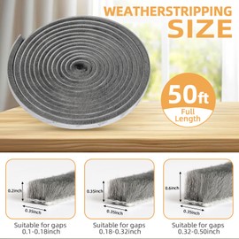 FLYZZZ 50ft Weather Stripping Door Seal for Sliding Windows and Door Frame,Grey Felt Pile Self Adhesive Door Seal Strip for Door Frame,0.35" Wide X 0.2" Thick