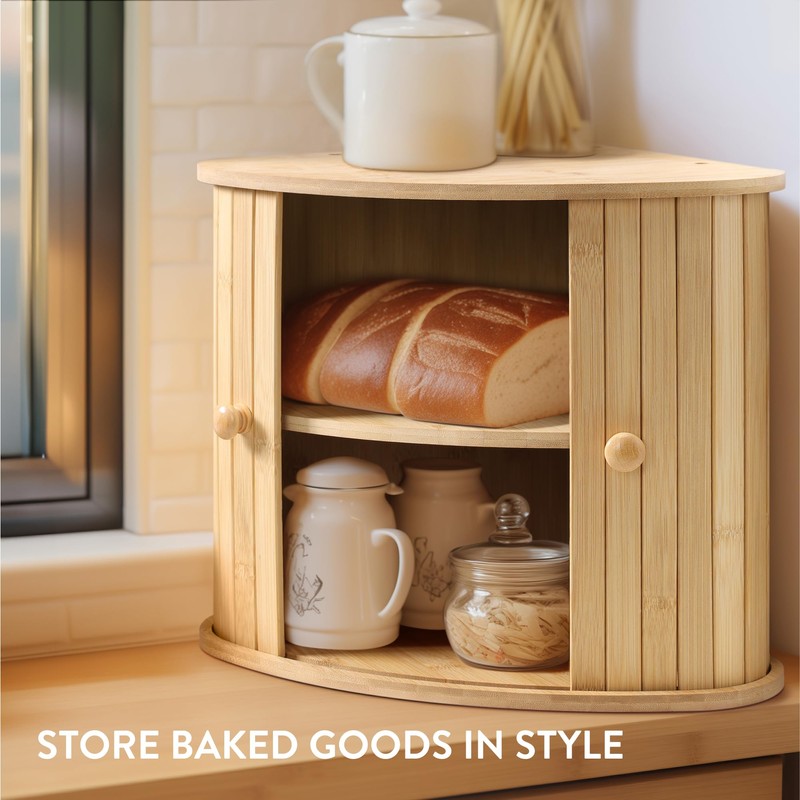 Navaris Wooden Bread Box - Countertop Kitchen Farmhouse Corner Wood