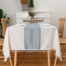 Winknowl Table Cloth Rectangle Table, Cotton Linen Waterproof Tablecloths Wrinkle Free Table Cover with Tassels for Farmhouse Kitchen Dining Tables, Blue, 55x120 Inch