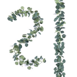 FUGZAUD 2 Pack Artificial Eucalyptus Garland Faux Silk Leaf Silver Dollar Eucalyptus Leaves Vines Handmade Garland Greenery Wedding Backdrop Indoor Outdoor Arch Wall Decoration