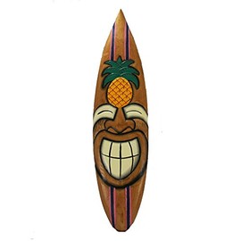 FOREVER BAMBOO Surfboard Tiki Mask Wall Decor Hand-Carved Smiley Pineapple 40"