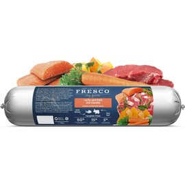 Fresco Dog Barf Wurst Complete-Menü Lachs und Rind mit Karotte | 400 g | Futtermittel für Hunde mit Lachs und Rind mit Karotte | Kann dabei helfen Hunde optimal zu versorgen