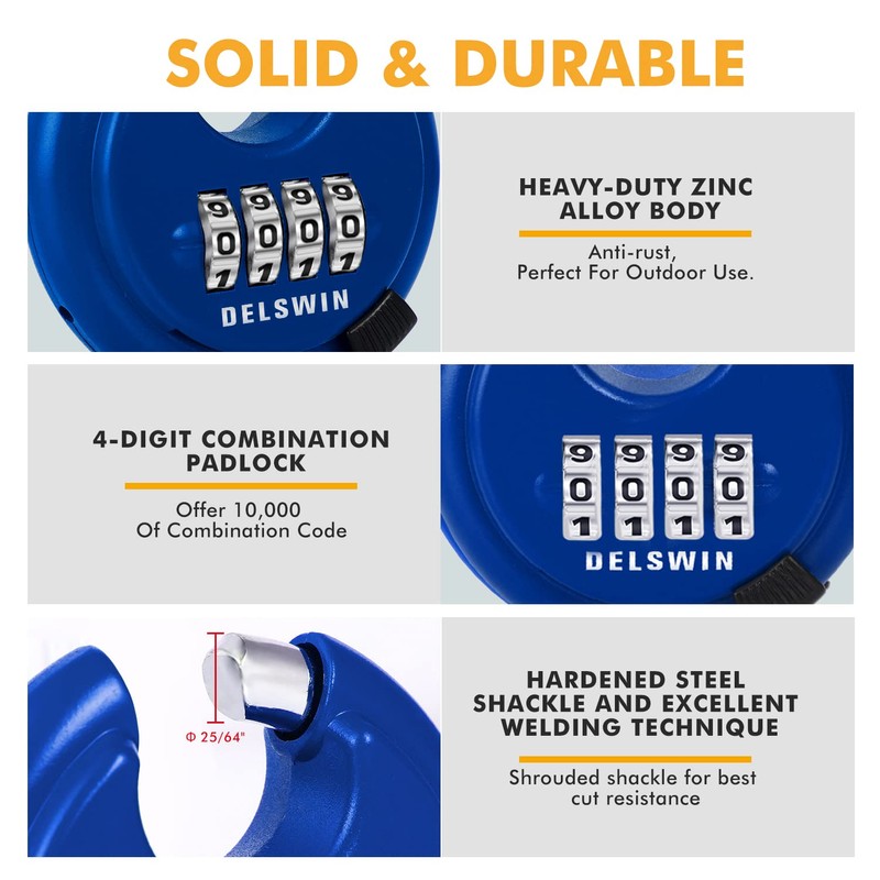 DELSWIN 4 Digit Combination Lock, Outdoor Combination Disc Padlock with