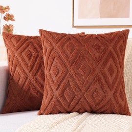 decorUhome Summer Couch Throw Pillow Covers 18x18 Set of 2, Decorative Soft Plush Faux Fur Wool Accent Pillow Covers for Modern Farmhouse Bed Sofa Living Room, Rust
