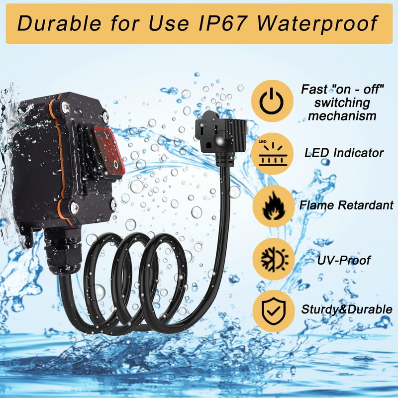 Inline Cord Switch with 10-ft 14AWG Cable Piggyback Plug(3-Pronged), IP67