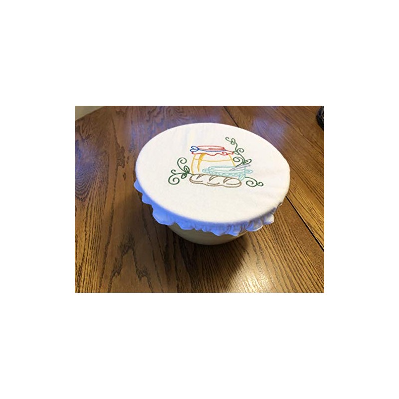 Reusable fabric bowl cover, embroidered design, zero waste linens, bread