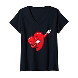 Womens Funny Dabbing Heart Valentines Lover Hip Hop Romance V-Neck T-Shirt