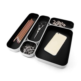 Three by Three Seattle 5 Piece Metal Organizer Tray Set for Storing Makeup, Stationery, Utensils, and More in Office Desk, Kitchen and Bathroom Drawers (1 Inch, Black)